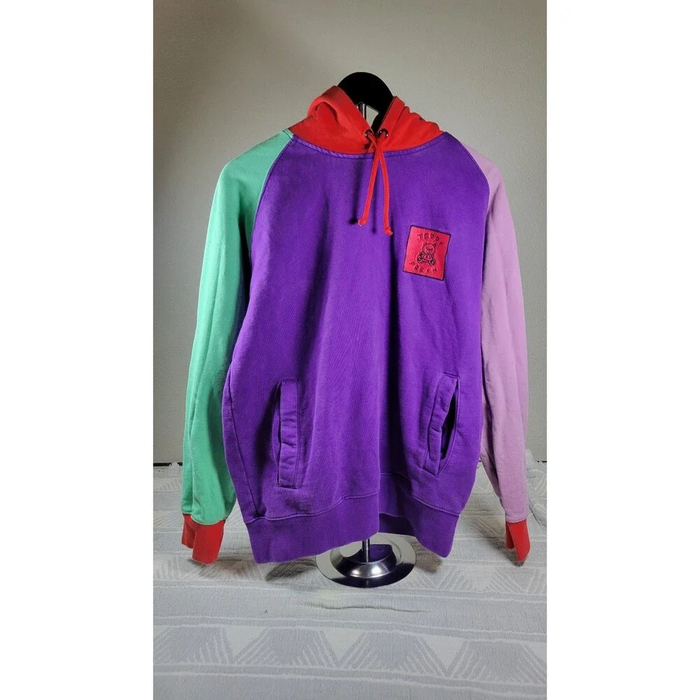 Teddy Fresh Colorblock Hoodie Size M Multicolor Purple Red Green Pink 100% Cotto